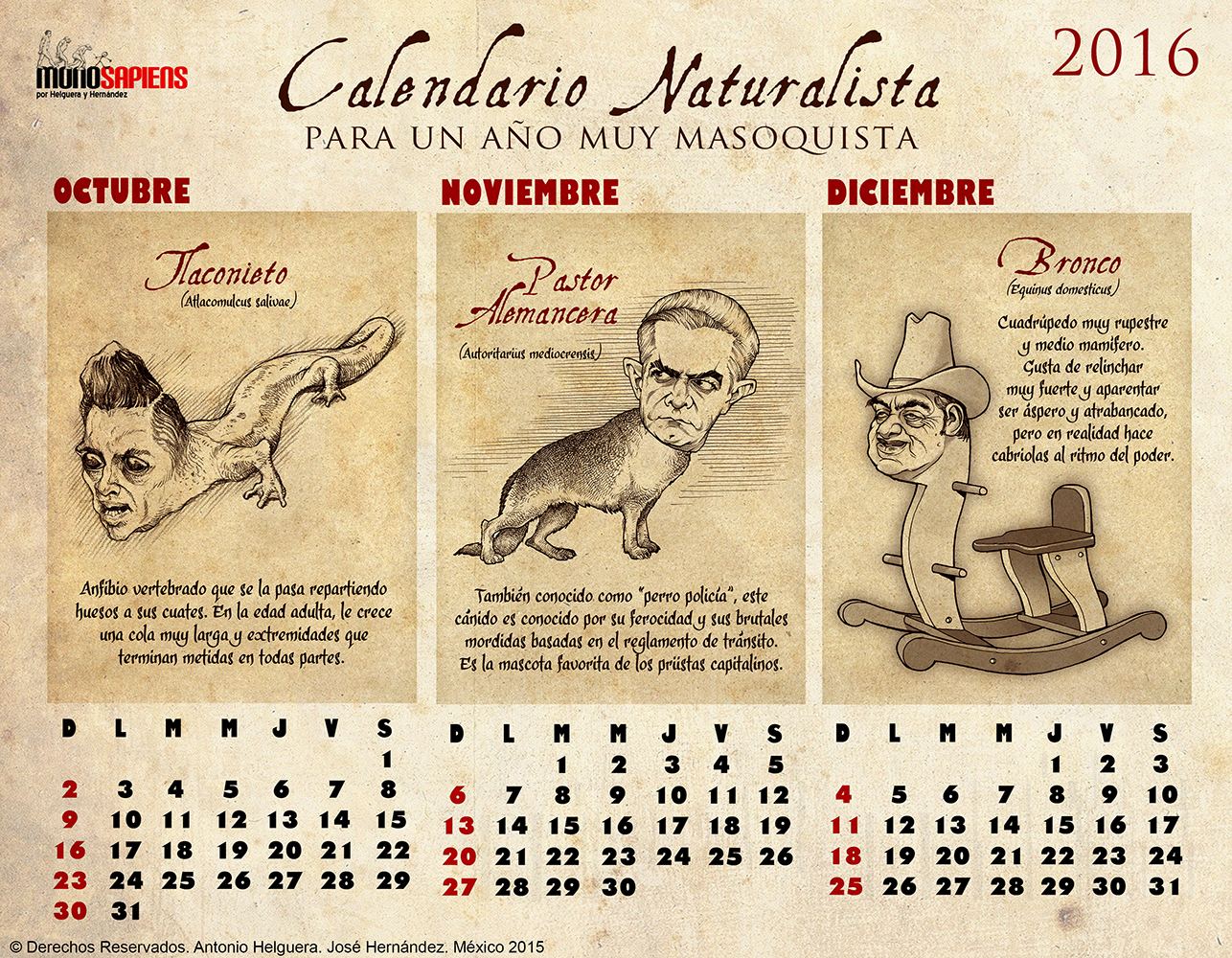 Calendario Naturalista para un año muy masoquista. 2016. Diciembre 2015.